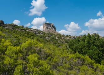Fototapeta na wymiar View of limestone tower Perda Liana, impressive rock formation on green forest hill, sardinian table mountain. National Park of Barbagia, Central Sardinia, Italy, summer day