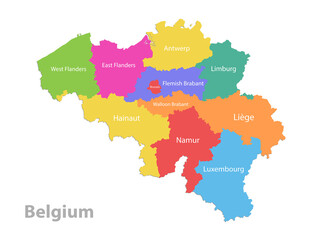 Belgium map, administrative division, separate individual regions with names, color map isolated on white background vector