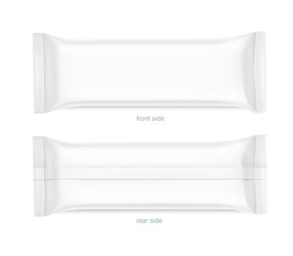 Set of hight realistic flow packaging mockups. Front and rear side. Vector illustration isolated on white background. Can be use for your design, promo, adv and etc.	