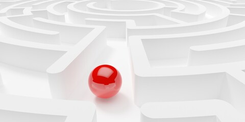 Red sphere or ball in white maze or labyrinth over white background, success, strategy or solution concept