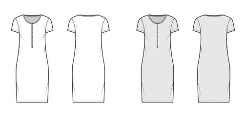 Shirt dress technical fashion illustration with henley neck, short sleeves, knee length, oversized, Pencil fullness. Flat apparel template front, back, white, grey color. Women, men, unisex CAD mockup