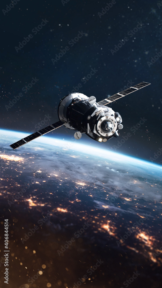 Fototapete Cargo spaceship on orbit of the Earth planet. Milky way on background.  View from outer space. Elements of this image furnished by NASA.