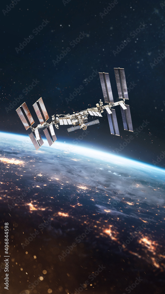 Poster ISS station on orbit of the Earth planet. View from outer space. International space station. Elements of this image furnished by NASA.