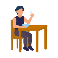 cartoon man eating a cereal in a bowl sitting in a dining table, flat style