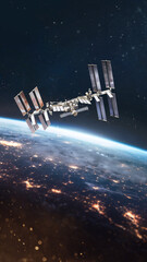 ISS station on orbit of the Earth planet. View from outer space. International space station. Elements of this image furnished by NASA.