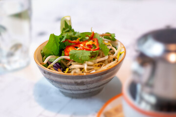 Soy sprouts salad with herbs and peppers. Vietnamese traditional food.