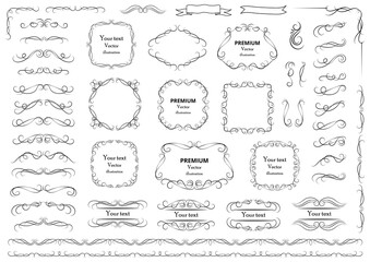 Calligraphic design elements . Decorative swirls or scrolls, vintage frames , flourishes, labels and dividers. Retro vector illustration..