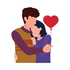 loving couple embracing each other holding a heart balloon, flat style