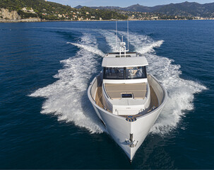 motor yacht in navigation aerial view