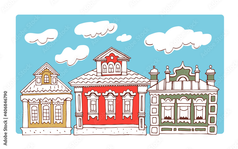 Wall mural wooden russian houses. vector hand drawn illustration of traditional architecture of old russia for 