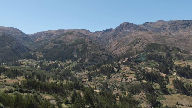 Drone sobe com pinheiros, vale e montanhas