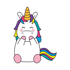 cartoon cute unicorn sitting, line and fill style