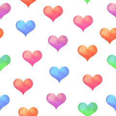 Watercolor heart seamless pattern on white isolated background. Multicolor pastel romantic shapes.