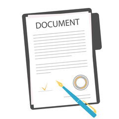 Document sign icon. Document, folder with seal, text and pen. Illustration