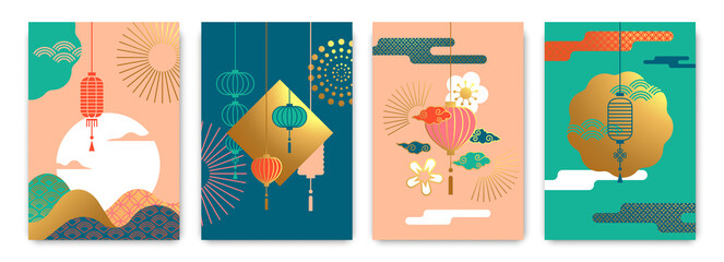 Chinese lantern abstract gold pastel poster set © Cienpies Design