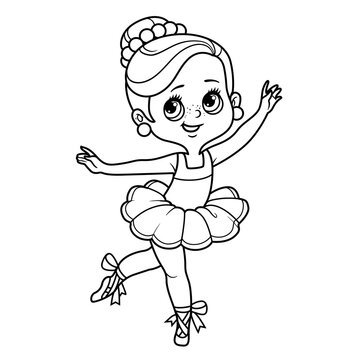 Cartoon ballerina girl dance in lush tutu outlined for coloring isolated on a white background