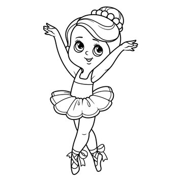 Cute cartoon ballerina girl dance in lush tutu outlined for coloring isolated on a white background