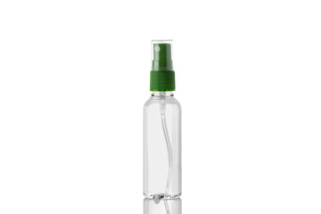 Transparent spray bottle with green cap. Antiseptic hand sanitizer mist spray isolated on white background.