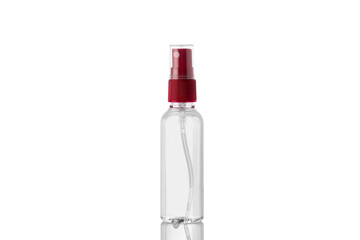 Transparent spray bottle with red cap. Bottle of hand sanitizer isolated on white background.