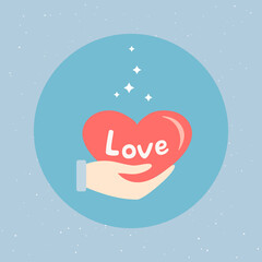 Hand keeping big red heart with word Love. Romantic pictogram in circle. Story highlights circle icons. Trendy cute elements, Love and Valentines day concept. Designs for greeting cards, print, web