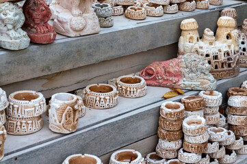 Variety of turkish clay souvenirs from cappadocia exposed sale in local market