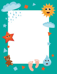 Children's bright vertical frame with abstract elements. Vector template for an invitation card, postcard, or advertising layout.