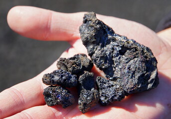 Holding the igneous rock formed by the volcanic eruption at Krafla Lava Field near Myvatn, Iceland