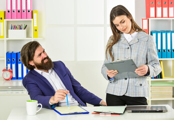 Personal assistant. Business couple working. Modern business ideas. Consulting. Startup team. Business report. Reconcile data. Boss manager director. Successful business. Man and woman office