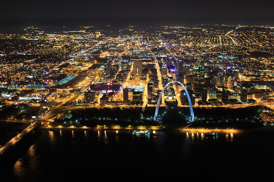 Aerial view of St. Louis Missouri skyline at night.