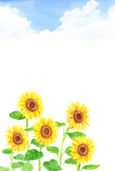 青空とヒマワリ　背景素材　縦　フレーム　水彩