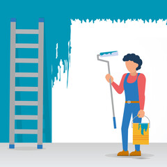 construction worker painting a wall, flat style
