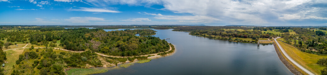Naklejka na ściany i meble Ultra wide aerial panorama of Devilbend Reservoir in Victoria, Australia