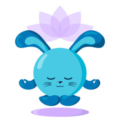 Funny cute kawaii meditating hare or rabbit with lotus flower over head and round body in flat design with shadows. Isolated meditation animal vector illustration