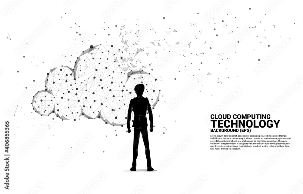 Poster Silhouette of businessman and cloud network technology polygon dot connected line with icon. Concept of cloud server, Storage and data