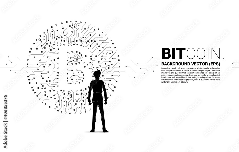 Poster Vector businessman and bitcoin icon from circuit board style dot connect line. Concept for cryptocurrency technology and financial network connection.