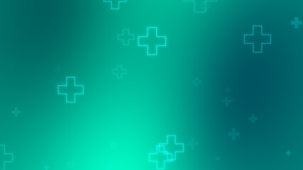 Medical health blue green cross neon light shapes pattern background. Abstract healthcare technology and science concept.