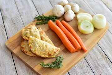 Farmer's market meat pies with fresh organic ingredients for display and ready to eat for tasty traditional ethnic lunch