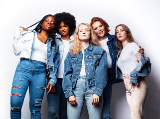 diverse multi nation girls group, teenage friends company cheerful having fun, happy smiling, cute posing isolated on white background, lifestyle people concept, african-american, asian and caucasian