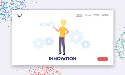 Business Man Work on Project Search Creative Idea Yell Eureka Landing Page Template. Male Character with Huge Bulb Head