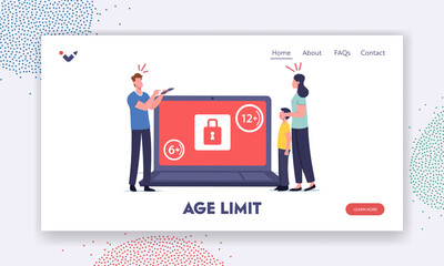 Age Restriction Notification Landing Page Template. Tiny Mother Cover Eyes of Son at Huge Laptop with Adult Content