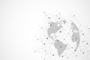 Global network connections with world map. Internet connection background. Abstract connection structure. Polygonal space background, illustration.