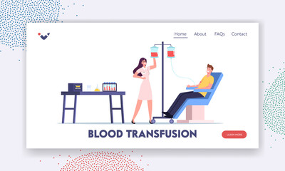 Blood Donation. Male Character Donate Blood for Diseased People Landing Page Template. Nurse Take Lifeblood to Container