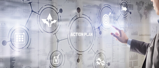 Business Action Plan strategy concept on virtual screen. Time management.