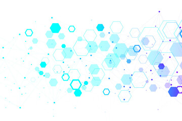 Abstract medical background DNA research, molecule, genetics, genome, DNA chain. Genetic analysis art concept with hexagons, lines, dots. Biotechnology network concept molecule, illustration.