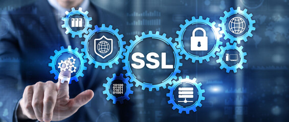 SSL Businessman pressing virtual screen Secure Sockets Layer concept. Cryptographic protocols provide secured communications.