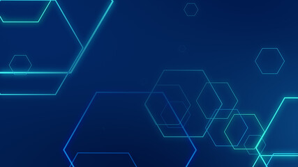 Hexagon geometric blue neon lights technology Hi-tech dark background. Abstract graphic digital future science concept design.