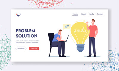 People Brainstorm Searching Solution Landing Page Template. Eureka Concept. Businessmen Colleagues Character with Laptop - obrazy, fototapety, plakaty
