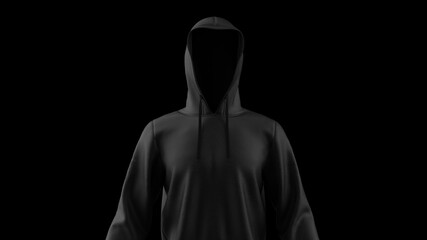 Anonimous hacker with black hoodie in shadow under spot lighting background. Dangorous criminal concept image. 3D CG. 3D illustration. 3D high quality rendering.