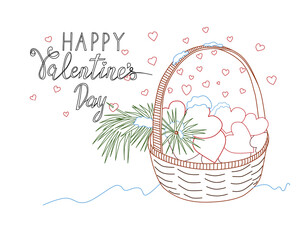 Vector illustration for Valentine's Day with an inscription. A wicker basket filled to the brim with hearts. Festive composition for February 14.