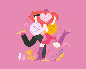 Couple in love - Valentines day graphics. Modern flat vector concept illustration - a young hetoresexual couple running towards each other, holding their hands. Heart. Cute characters in love concept
